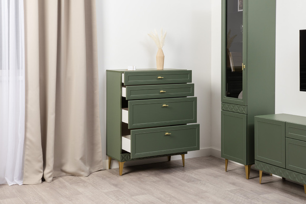 Гостиная Марион композиция 1 дымчатый зеленый K521, олива шагрень AG 1050 ПВХ, белый PE шагрень (собирается на любую сторону)