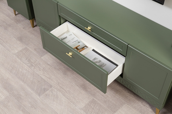 Гостиная Марион композиция 1 дымчатый зеленый K521, олива шагрень AG 1050 ПВХ, белый PE шагрень (собирается на любую сторону)