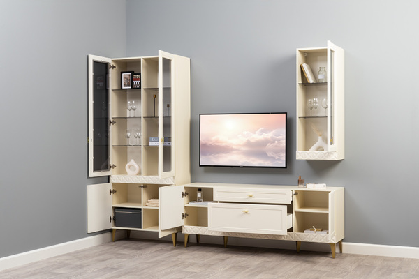 Гостиная Марион композиция 2 слоновая кость С341 PE, слоновая кость 6898 ПВХ, белый PE шагрень (собирается на любую сторону)