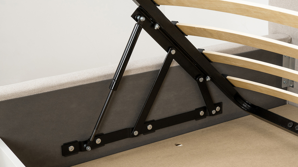 Кровать Миа 140 рогожка светло-бежевый, кант желтовато-коричневый с ортопедическим основанием и подъемным механизмом