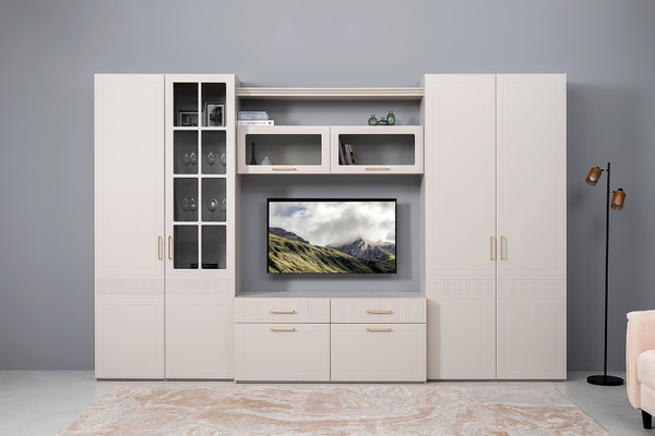 Гостиная Ричфорд композиция 1 с карнизами, кашемир 5981 BS, моно керамика D166-2 ПВХ, белый PE шагрень (собирается на любую сторону)